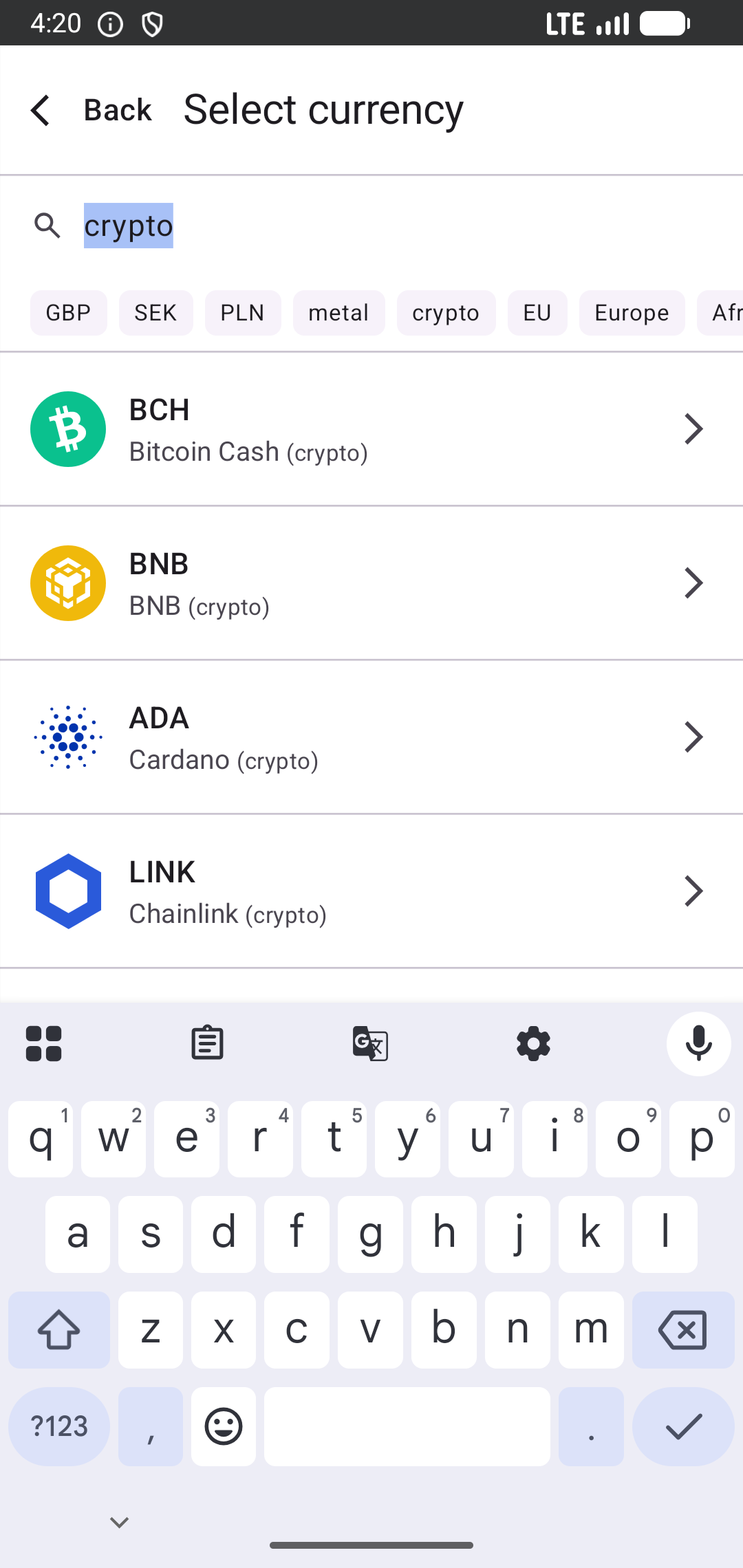 Currency Converter app showing currency selection tools