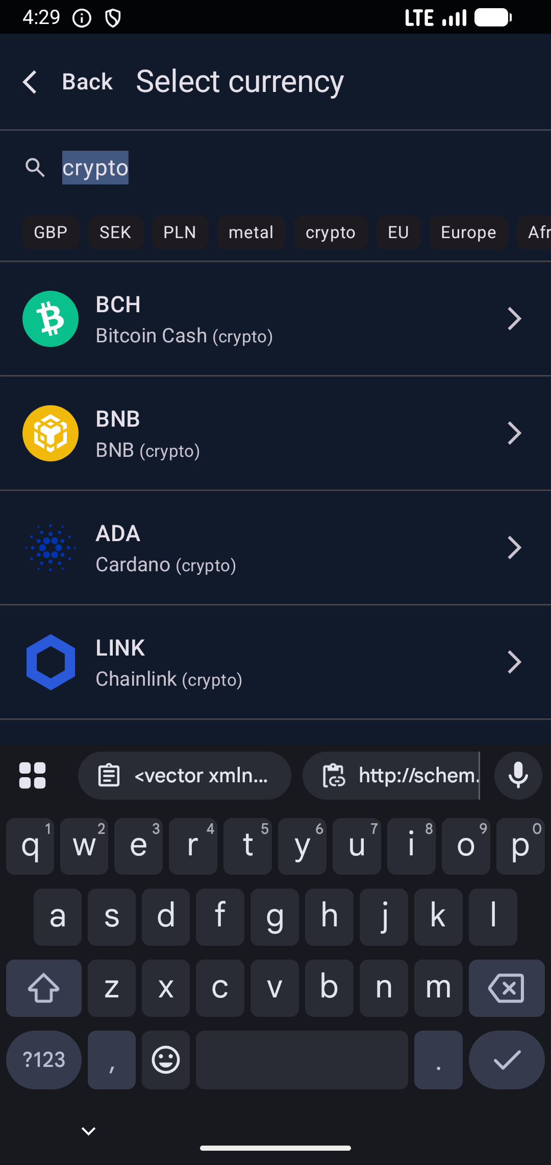 Currency Converter app in dark mode showing currency details