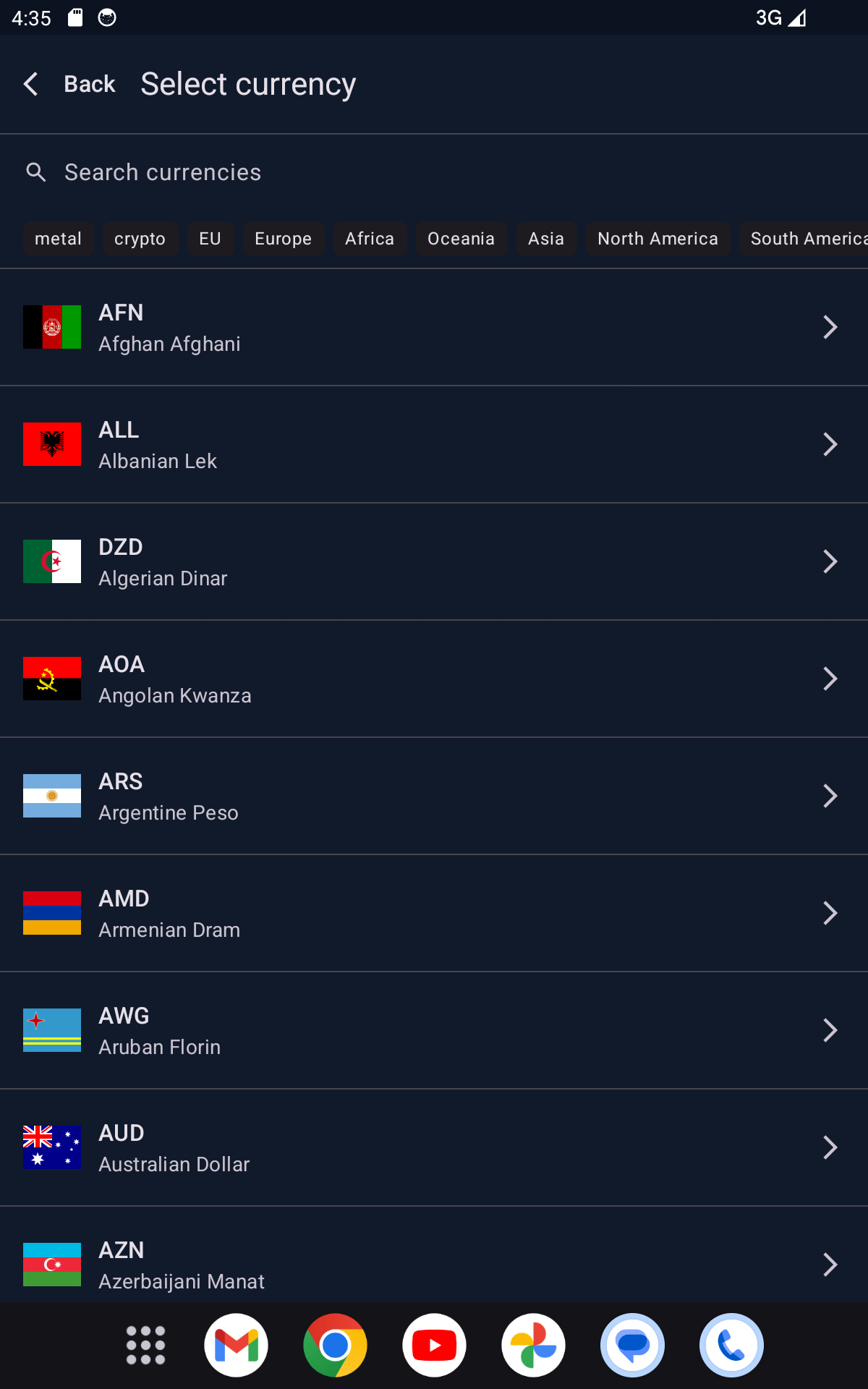 Currency Converter seven-inch tablet layout showing selected currencies
