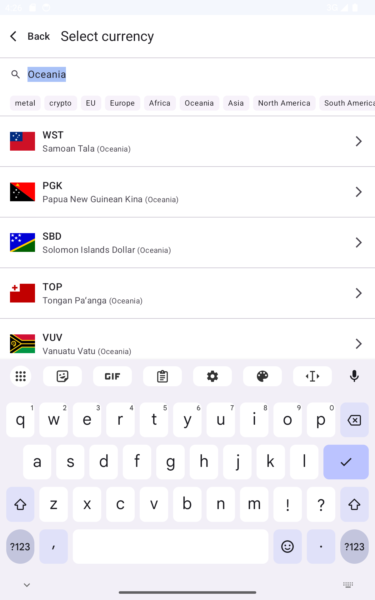 Currency Converter seven-inch tablet layout showing search results